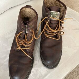 ROOTS Dark Brown Distressed Leather Boots with Shearling